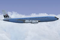 Screenshot of Braniff Medium Blue Jellybean Boeing 707 in flight.