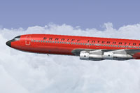 Screenshot of Braniff Red Jellybean Boeing 707 in flight.