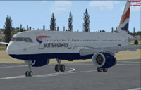 Screenshot of British Airways Airbus A321 on runway.