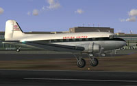 Screenshot of British United Douglas DC-3 taking off from runway.