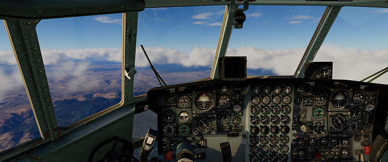 Virtual cockpit of a C-130 displayed in version 6 of the simulator.