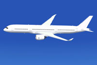 Screenshot of a plain white Airbus A350-900 in flight.