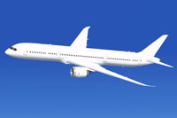 Screenshot of a plain white Boeing 787-9 in flight.