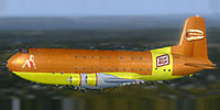Screenshot of orange and yellow Douglas C-124 in flight.