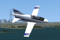 Screenshot of white and blue BD-5 in flight.
