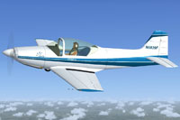 Screenshot of a blue and white Falco F8L in flight.