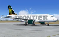 Screenshot of Frontier Airlines Airbus A319-111 on runway.