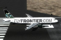Screenshot of Frontier Airlines Airbus A320 on runway.