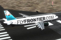 Screenshot of Frontier Airlines Airbus A320 on runway.