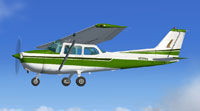 Screenshot of green and white Cessna 172 in flight.