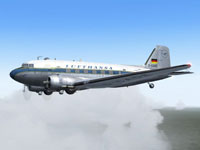 Side view of Lufthansa Douglas DC-3 in flight.