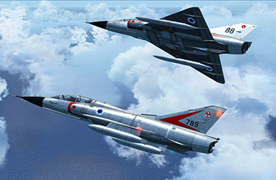 Two Dassault Mirage IIIB aircraft being flown in Prepar3D after installing this freeware pack from Fly Away Simulation.