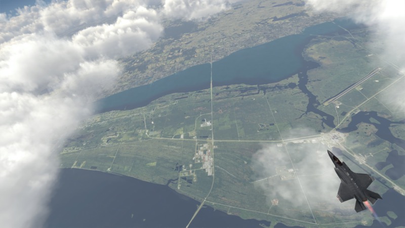 Over Cape Canaveral in a stock install of Prepar3D with no third-party scenery.