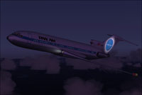 Screenshot of Pan Am Boeing 727-200 in flight at night.