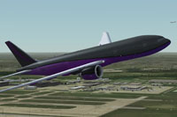 Screenshot of a black and purple Boeing 777-200LR in flight.