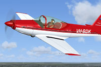 Screenshot of a red and white Falco F8L in flight.