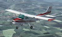 Screenshot of white, red and gold Cessna 172 in flight.