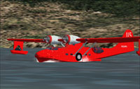 Screenshot of Red Consolidated PBY Catalina landing on water.