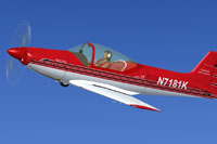 Screenshot of a red and white Falco F8L in flight.