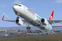 Screenshot of Turkish Airlines Boeing 737-8F2 NGX taking off.
