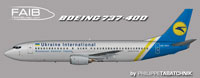 Profile view of Ukraine International Airlines Boeing 737-400.