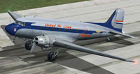 Screenshot of United Airlines Douglas DC-3 on runway.