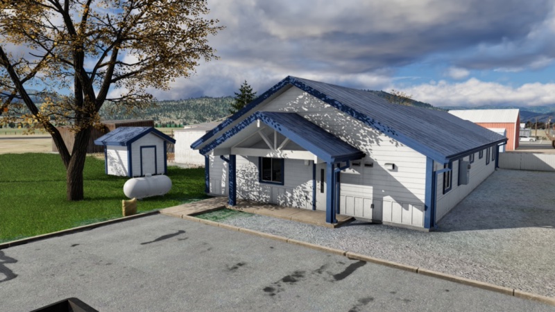 Wooden building at A30 airport in X-Plane 12.