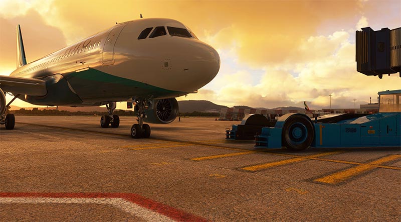 The A320 Neo mod called A32NX by FlyByWire at an airport gate in Microsoft Flight Simulator.