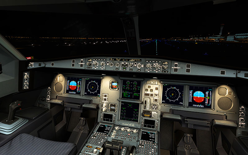 Cockpit of an Airbus A330-330 shot in the default install of the latest X-Plane 12.