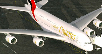 Display of an Emirates Airbus A380 add-on after being installed in P3Dv4 (also compatible with v5).