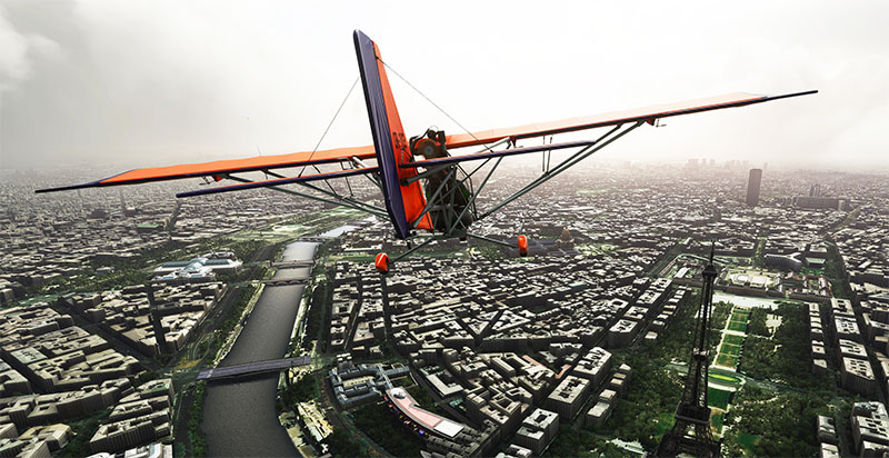 The Nemeth Designs Aerolite 103 flying over Paris in MSFS 2020.