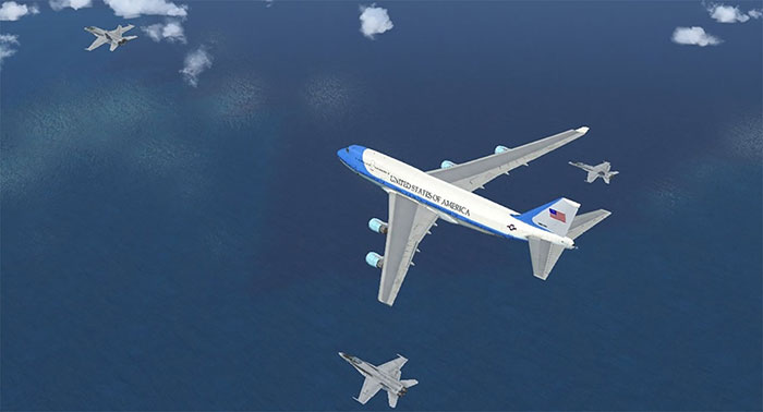 Air Force One and military aircraft escort.