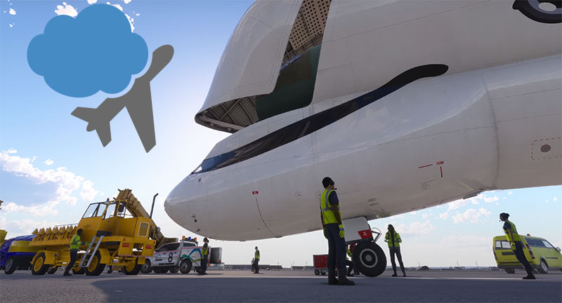 Airbus BelugaXL displayed within Microsoft Flight Simulator 2024 with cloud and aircraft icon on top left of the image.