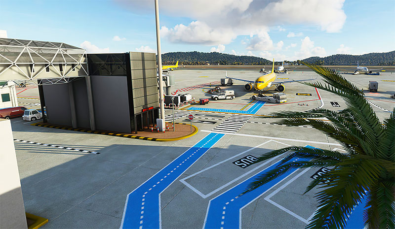 Airport and gates at Ibiza airport displayed in MSFS.