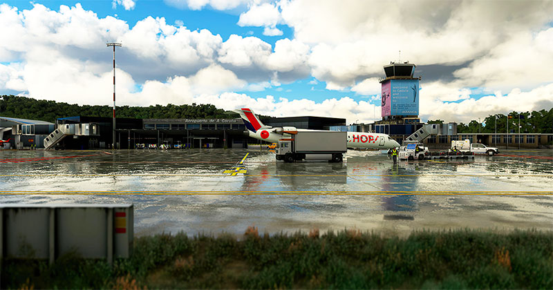 Aircraft and control tower at A Coruna in MSFS 2020.