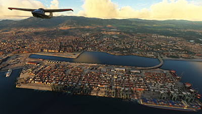 An overview of Algeciras and the dock area in MSFS after installing this freeware mod.