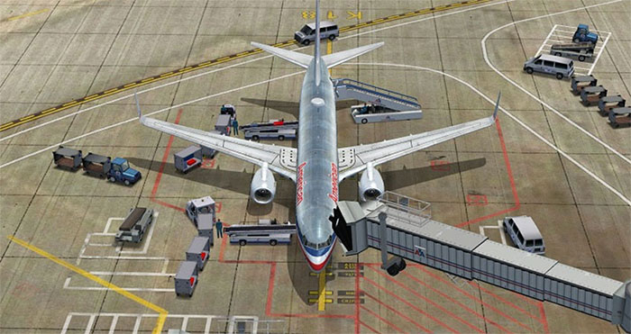 American Airlines aircraft with trucks, baggage and fuel services.