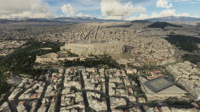 Buildings in Athens displayed in Microsoft Flight Simulator after installing this freeware mod.