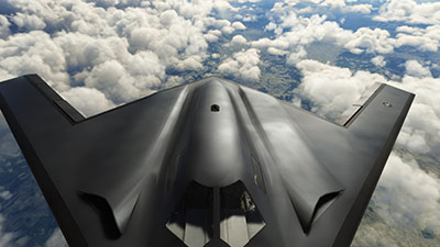 The B-21 Raider stealth bomber in flight high above the clouds displayed after installing this freeware mod in Microsoft Flight Simulator.
