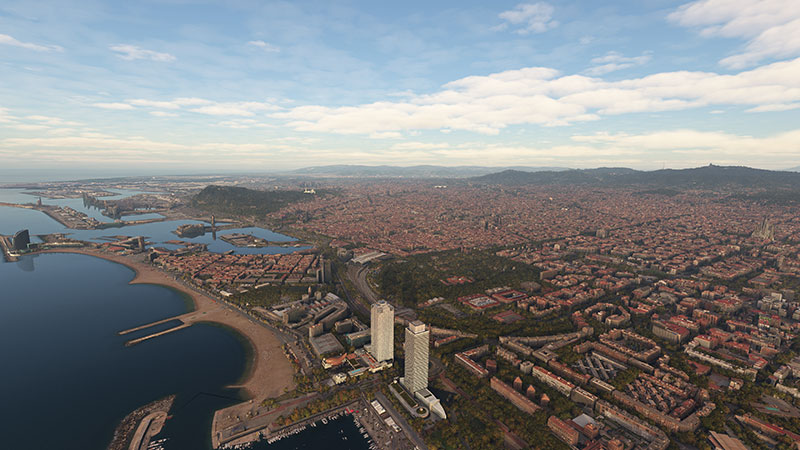 Ciudad de Barcelona en MSFS: una captura de pantalla del simulador