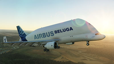 Screenshot shows the A330-600ST "Beluga" in flight in Microsoft Flight Simulator after installing this freeware mod.