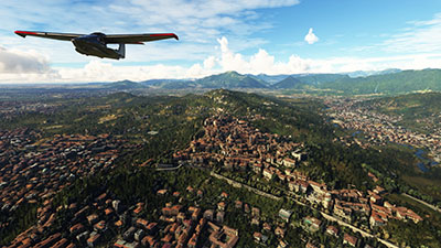 A screenshot showing an overview of Bergamo, Italy after installing this freeware scenery pack in Microsoft Flight Simulator.