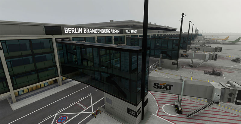 Main terminal building of Berlin Brandenburg Airport displayed in Microsoft Flight Simulator 2020.