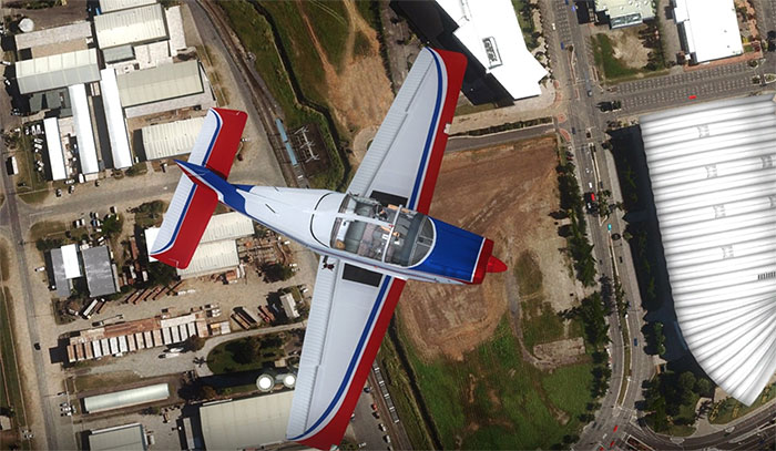 Blue and red color scheme as shown from above.