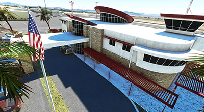 The terminal building at KBVU as depicted in MSFS after installing this freeware mod.