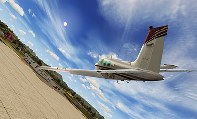 Screenshot showing the Carenado A36 flying low over an airport in the simulator after installing this repaint from the pack.