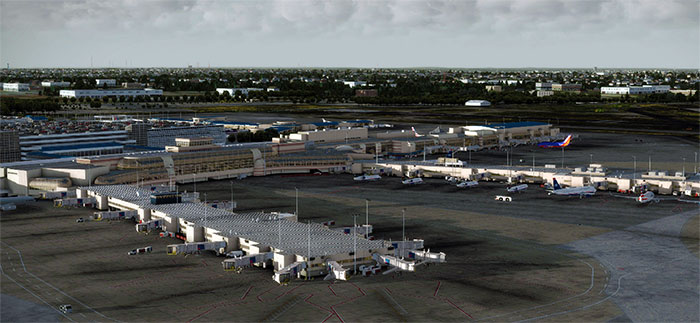 Terminal building and aircraft.