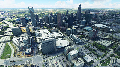 Downtown Charlotte (city) depicted in Microsoft Flight Simulator after installing this freeware scenery mod.