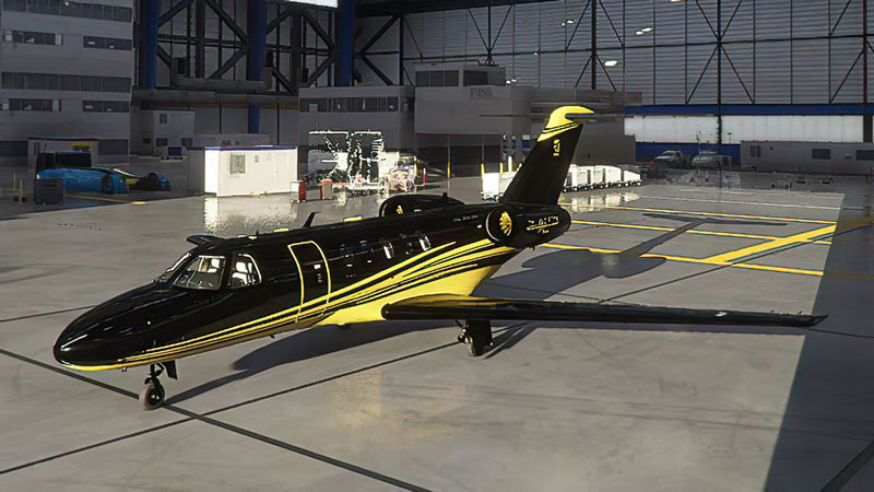 An example of a black/gold freeware repaint of the default Cessna Citation CJ4 in MSFS.