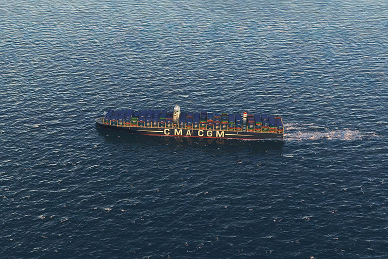CMA CGM container ship in the waters in Microsoft Flight Simulator.